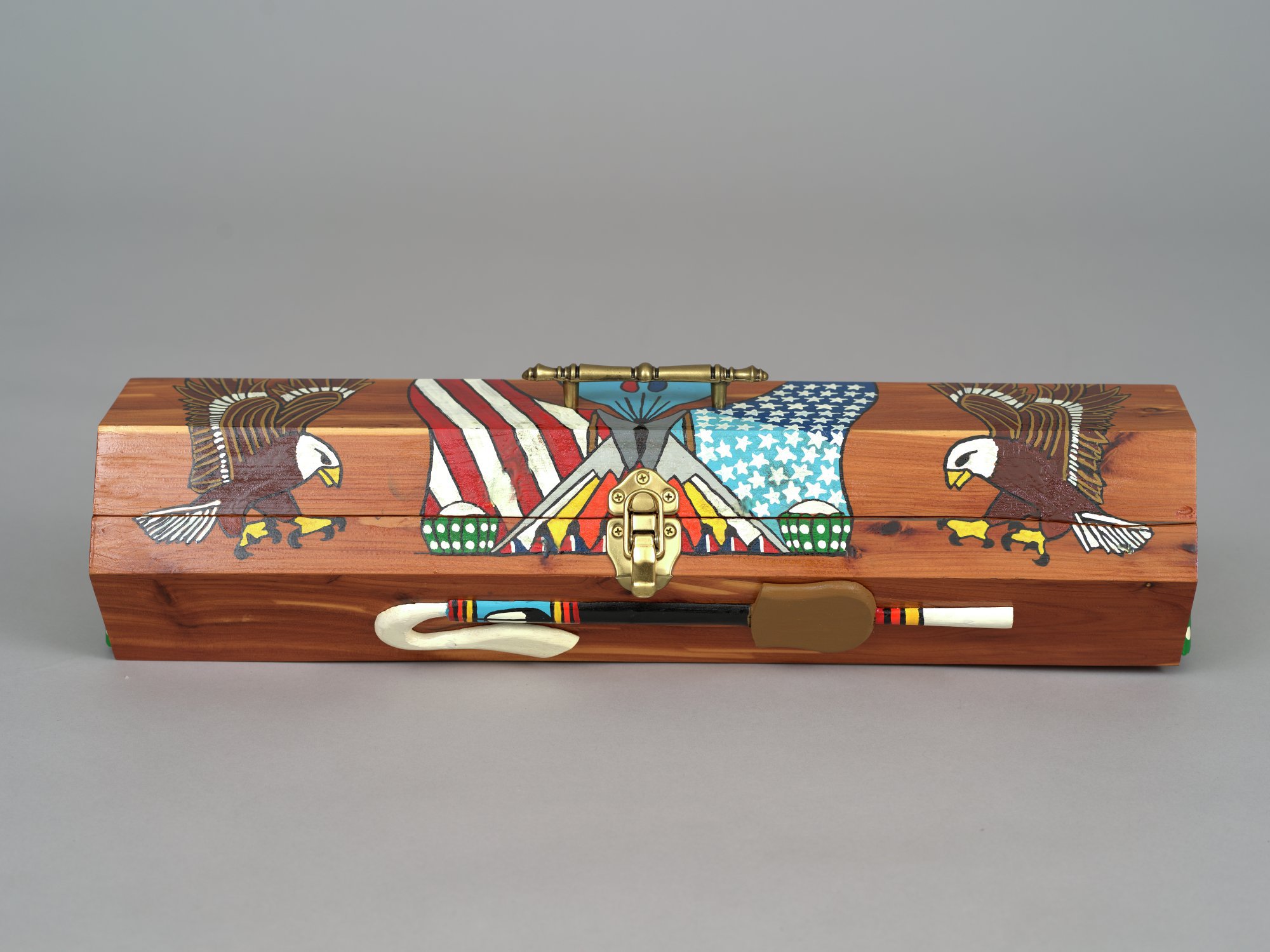 Carved and painted wooden peyote box with brass hardware / Native