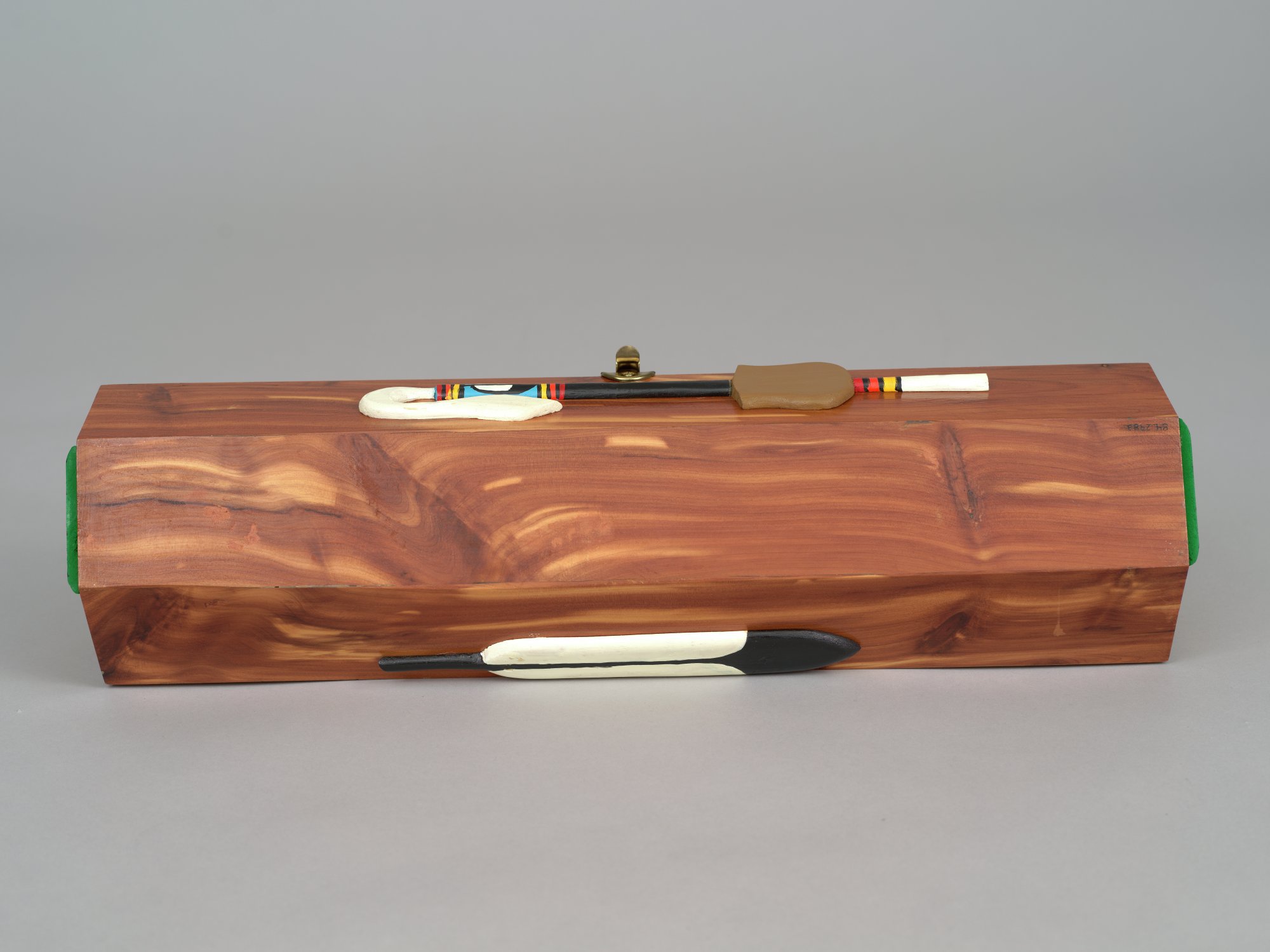 Carved and painted wooden peyote box with brass hardware / Native
