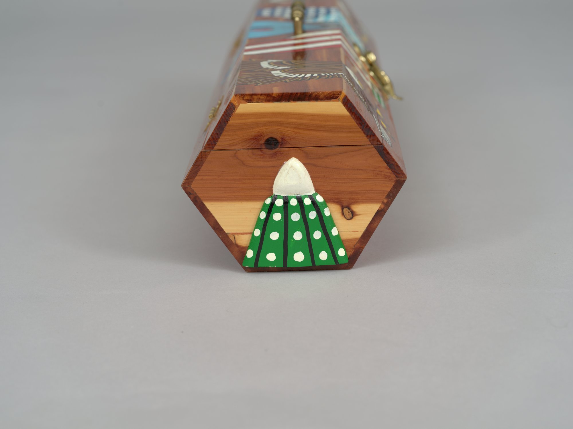 Carved and painted wooden peyote box with brass hardware / Native